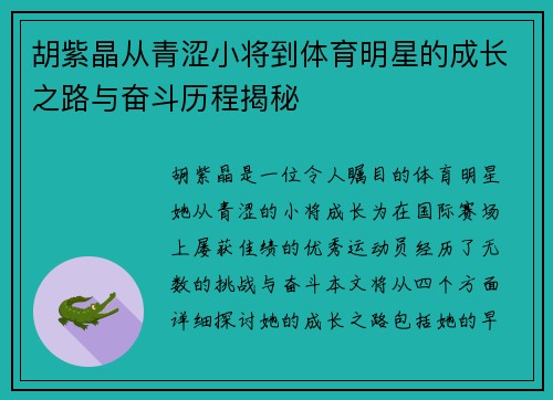 胡紫晶从青涩小将到体育明星的成长之路与奋斗历程揭秘