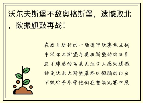 沃尔夫斯堡不敌奥格斯堡，遗憾败北，欲振旗鼓再战！